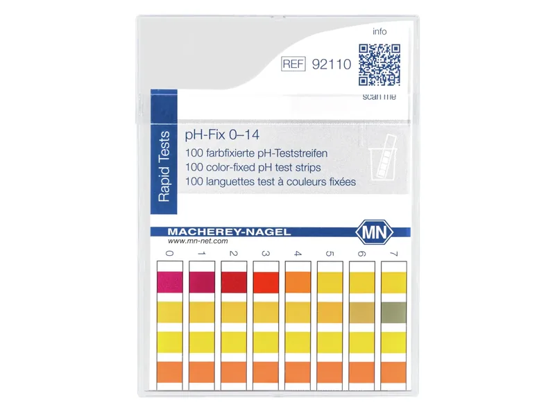 pH-Fix indikatorinės juostelės 0–14 · REF 92110 – Spalviškai fiksuota pH juostelė, kurios indikatoriniai dažai neišsiplauna į mėginį.